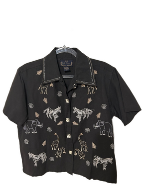 🐕‍🦺Life Style Black Embroidered Safari Short-Sleeve Shirt size M GUC